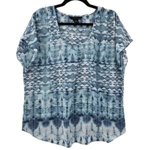 Calvin Klein Women's XL Blue Aztec Floral Flutter Sleeve Top Blouse Shirt